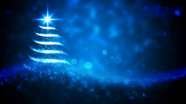 istock Ethereal glittery shimmery metallic dark blue coloured horizontal festive Xmas backgrounds with abstract design of shining magical metallic striped ornate silver white 3d christmas tree with one twinkling glowing star 1428924830
