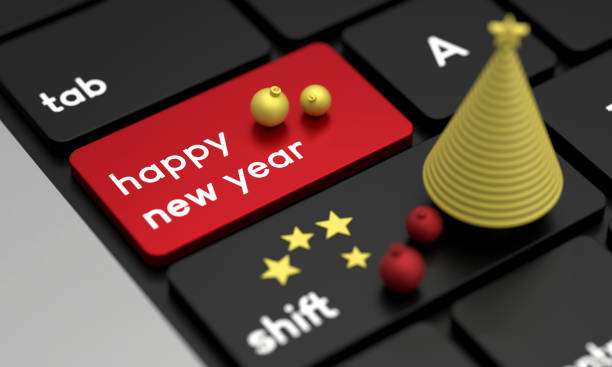 کیبورد لپتاپ با دکمه سال نو، نمادی از برنامهریزی برای استراتژی سئو تکنیکال در سال جدید