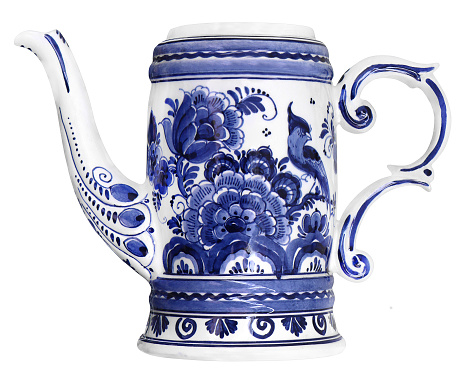 Dutch blue white ceramic teapot, isolated on white background