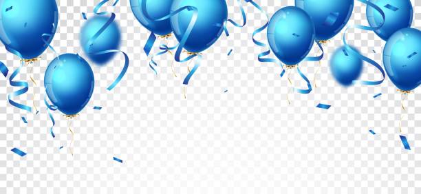 istock Birthday Celebrations banner with blue, white balloons and confetti 1428931392