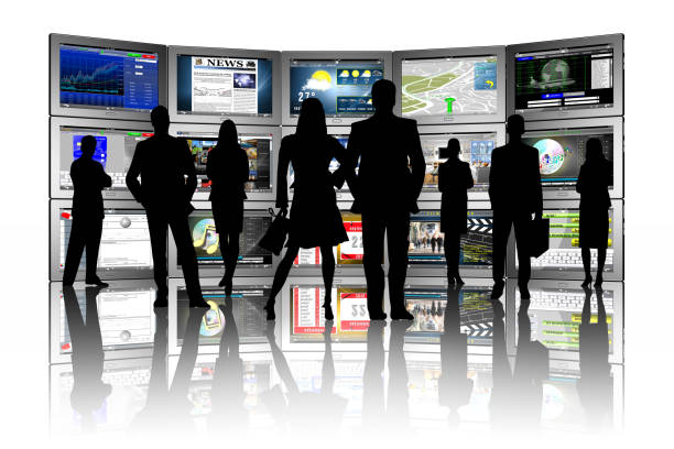 3D illustration. Group of people in front of series of tablets with various applications.
