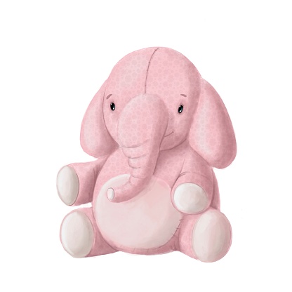 pink elephant toy, children's clipart, newborn illustration with cartoon character good for card and print design