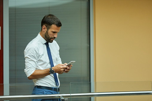 Young businessman typing text message indoors