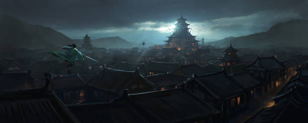 istock Swordsman in the ancient oriental city, 3D illustration. 1428935173
