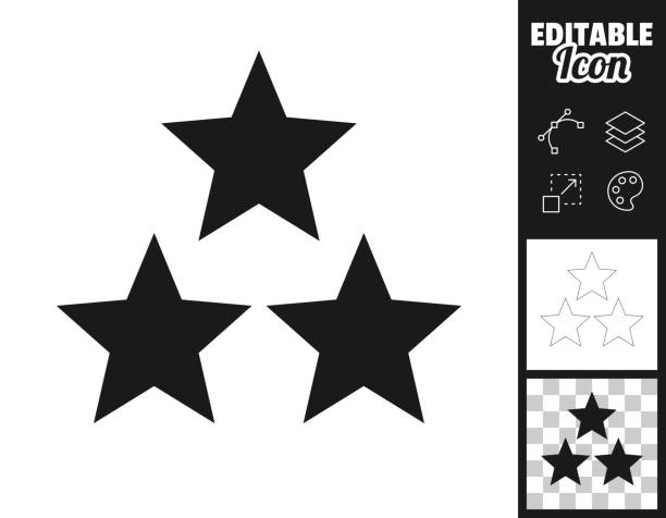 Three stars. Icon for design. Easily editable Icon of "Three stars" for your own design. Three icons with editable stroke included in the bundle: - One black icon on a white background. - One line icon with only a thin black outline in a line art style (you can adjust the stroke weight as you want). - One icon on a blank transparent background (for change background or texture). The layers are named to facilitate your customization. Vector Illustration (EPS file, well layered and grouped). Easy to edit, manipulate, resize or colorize. Vector and Jpeg file of different sizes. stars stock illustrations