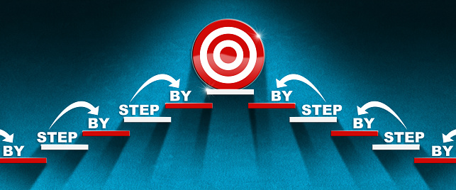 3D illustration of two stairs with red and white steps on a blue wall with a target on the last step and text Step by Step. Ladder of success or Goal concept.
