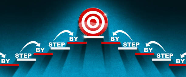 Stairs and Target on Blue Wall with text Step by Step stock photo