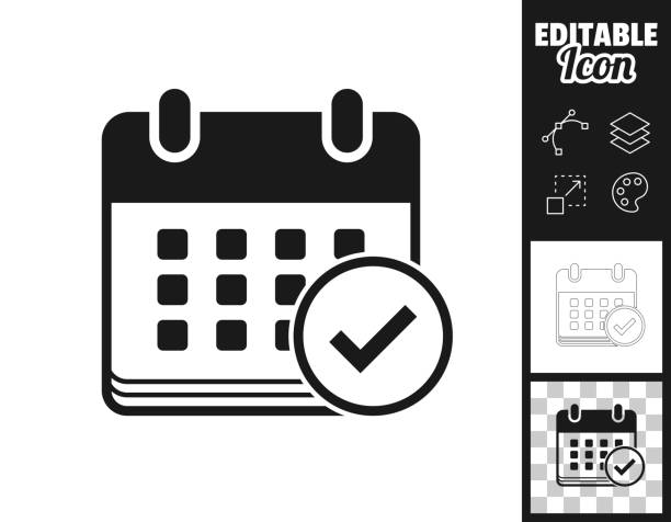 ilustraciones, imágenes clip art, dibujos animados e iconos de stock de calendario con marca de verificación. icono para el diseño. fácilmente editable - calendario