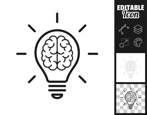 Vector illustration of Brain inside light bulb. Icon for design. Easily editable