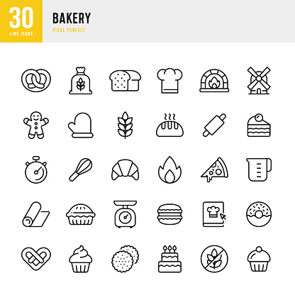 Bakery - thin line vector icon set. 30 icons. Pixel perfect. The set includes a Cookie, Bread, Cake, Sweet Food, Cupcake, Gingerbread Cookie, Muffin, Croissant, Doughnut, Oven, Pizza, Macaroon, Pretzel, Windmill.