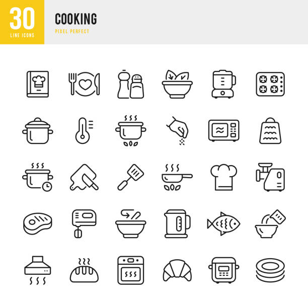 ilustrações de stock, clip art, desenhos animados e ícones de cooking - thin line vector icon set. 30 icons. pixel perfect. the set includes a cookbook, chef's hat, cooking pan, saucepan, oven, multicooker, bread, microwave, fish, meat, cutting board with knife, electric mixer, weight scale, bowl, spice. - pan