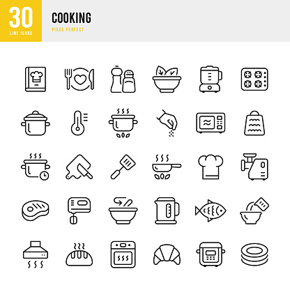 Cooking - thin line vector icon set. 30 icons. Pixel perfect. The set includes a Cookbook, Chef's Hat, Cooking Pan, Saucepan, Oven, Multicooker, Bread, Microwave, Fish, Meat, Cutting Board with Knife, Electric Mixer, Weight Scale, Bowl, Meat Grinder, Spice.