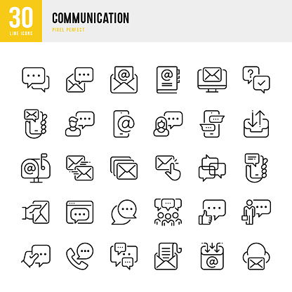 Communication - thin line vector icon set. 30 icons. Pixel perfect. The set includes a Message, Speech Bubble, Envelope, E-Mail, Letter, Mail, Mailbox, Correspondence, Community, Telephone, Deliver a Letter.