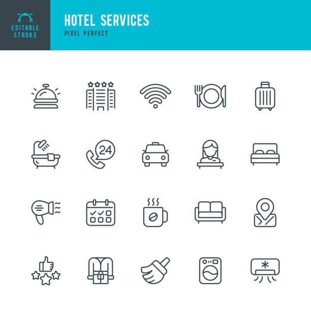 hoteldienstleistungen - vektorsatz linearer symbole. pixel perfekt. bearbeitbarer strich. das set beinhaltet ein hotel, ein bett, eine hotelrezeption, eine serviceglocke, ein restaurant, eine badewanne, einen bademantel, einen haartrockner, eine reinigung, - service bell suitcase hotel luggage stock-grafiken, -clipart, -cartoons und -symbole