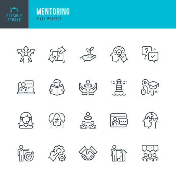 ilustrații de stoc cu mentorat - set vectorial de icoane liniare. pixel perfect. contur editabil. setul include un model de rol, incertitudine, antrenor, manager, student, e-learning, suport, educație online, lucru în echipă, parteneriat. - predare