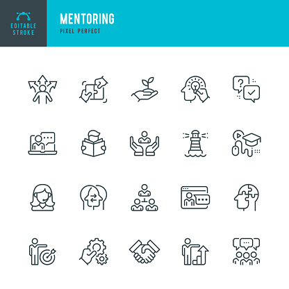 Mentoring - vector set of linear icons. 20 icons. Pixel perfect. Editable outline stroke. The set includes a Role Model, Uncertainty, Coach, Manager, Student, E-Learning, Support, Online Education, Teamwork, Partnership.