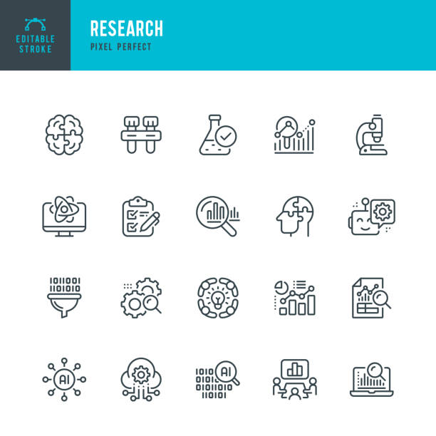 illustrazioni stock, clip art, cartoni animati e icone di tendenza di ricerca - set vettoriale di icone lineari. pixel perfetto. tratto modificabile. il set include un'analisi dei dati, ricerca, intelligenza artificiale, esperimento scientifico, esame medico, test medico, microscopio, brainstorming, ricerche di mercato, busi - esperimento