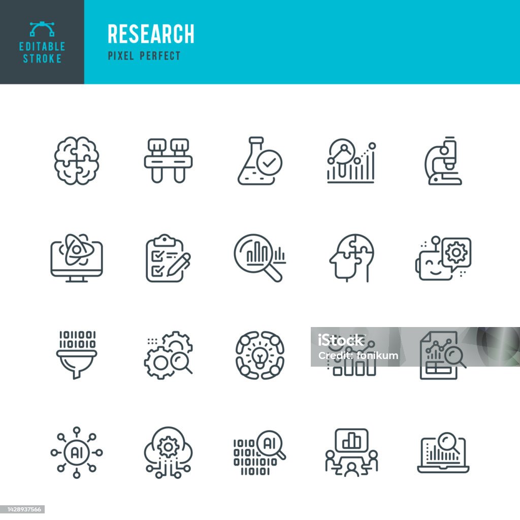 Research - vector set of linear icons. Pixel perfect. Editable stroke. The set includes a Data Analysis, Research, Artificial Intelligence, Scientific Experiment, Medical Exam, Medical Test, Microscope, Brainstorming, Market Research, Business Plan, Teamw Research - vector set of linear icons. 20 icons. Pixel perfect. Editable outline stroke. The set includes a Data Analysis, Research, Artificial Intelligence, Scientific Experiment, Medical Exam, Medical Test, Microscope, Brainstorming, Market Research, Business Plan, Teamwork, Cloud Computing. Icon Symbol stock vector Research - vector set of linear icons. Pixel perfect. Editable stroke. The set includes a Data Analysis, Research, Artificial Intelligence, Scientific Experiment, Medical Exam, Medical Test, Microscope, Brainstorming, Market Research, Business Plan, Teamw Research - vector set of linear icons. 20 icons. Pixel perfect. Editable outline stroke. The set includes a Data Analysis, Research, Artificial Intelligence, Scientific Experiment, Medical Exam, Medical Test, Microscope, Brainstorming, Market Research, Business Plan, Teamwork, Cloud Computing. Icon Symbol stock vector