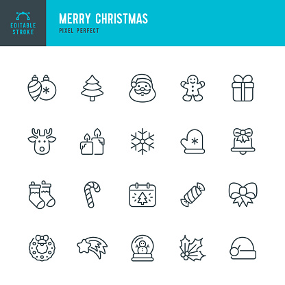 Merry Christmas - vector set of linear icons. 20 icons. Pixel perfect. Editable outline stroke. The set includes a Santa Claus, Christmas Tree, Gift Box, Christmas Decoration, Candy Cane, Candy, Gingerbread Cookie, Snowflake Shape, Snow Globe, Reindeer, Bell, Tied Bow, Christmas Stocking, Wreath, Santa Hat, Candles.