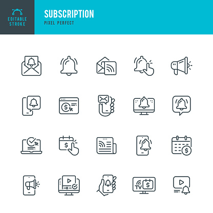 Subscription - vector set of linear icons. 20 icons. Pixel perfect. Editable outline stroke. The set includes a Subscription, Newsletter, Newspaper, Reminder, Notification Icon, Letter, Megaphone, Bell, Mail, Message, Web Page.