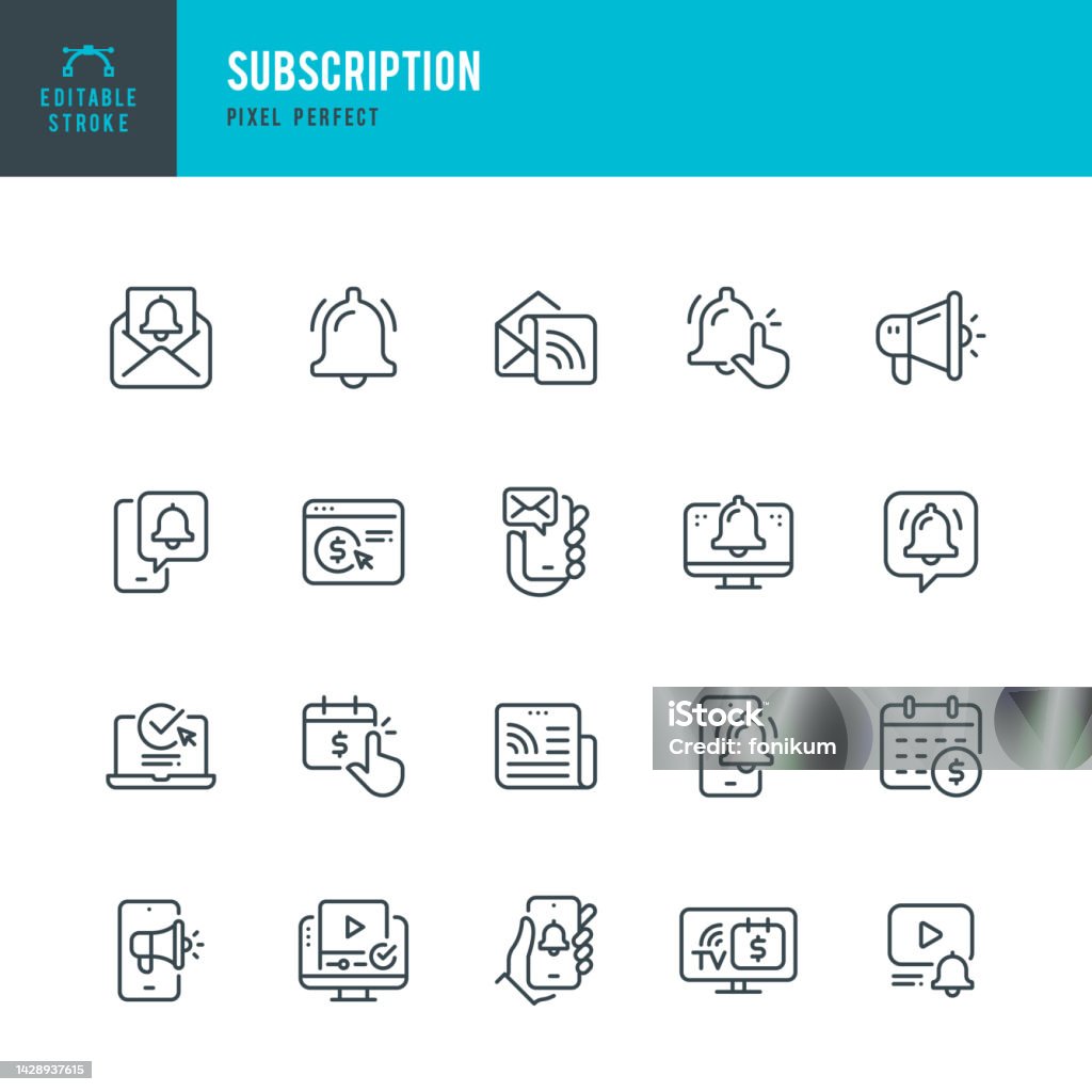 Subscription - vector set of linear icons. Pixel perfect. Editable stroke. The set includes a Subscription, Newsletter, Newspaper, Reminder, Notification Icon, Letter, Megaphone, Bell, Mail, Message, Web Page. Subscription - vector set of linear icons. 20 icons. Pixel perfect. Editable outline stroke. The set includes a Subscription, Newsletter, Newspaper, Reminder, Notification Icon, Letter, Megaphone, Bell, Mail, Message, Web Page. Icon Symbol stock vector Subscription - vector set of linear icons. Pixel perfect. Editable stroke. The set includes a Subscription, Newsletter, Newspaper, Reminder, Notification Icon, Letter, Megaphone, Bell, Mail, Message, Web Page. Subscription - vector set of linear icons. 20 icons. Pixel perfect. Editable outline stroke. The set includes a Subscription, Newsletter, Newspaper, Reminder, Notification Icon, Letter, Megaphone, Bell, Mail, Message, Web Page. Icon Symbol stock vector