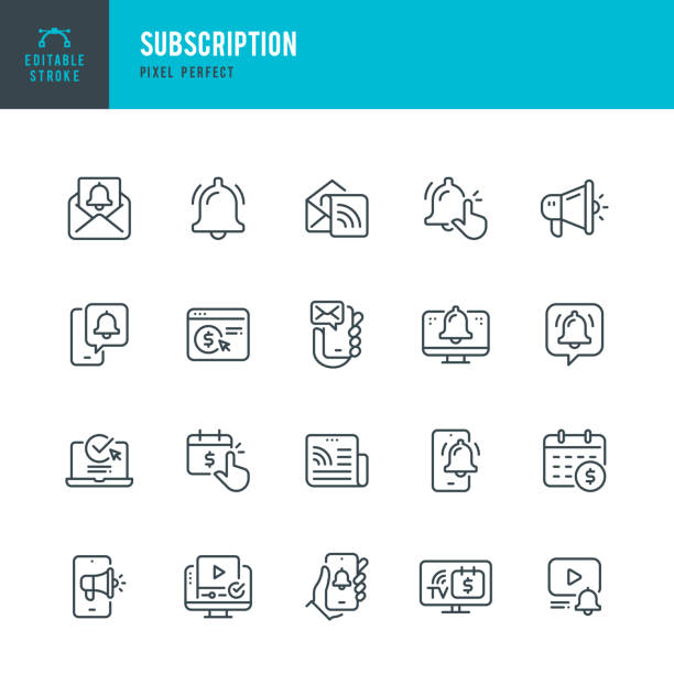 Subscription - vector set of linear icons. Pixel perfect. Editable stroke. The set includes a Subscription, Newsletter, Newspaper, Reminder, Notification Icon, Letter, Megaphone, Bell, Mail, Message, Web Page. Subscription - vector set of linear icons. 20 icons. Pixel perfect. Editable outline stroke. The set includes a Subscription, Newsletter, Newspaper, Reminder, Notification Icon, Letter, Megaphone, Bell, Mail, Message, Web Page. notification icon stock illustrations