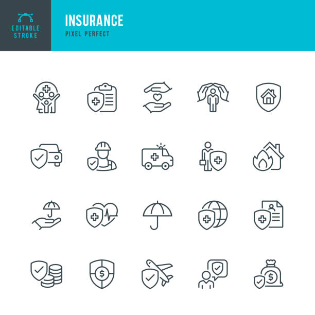 versicherung - vektorsatz linearer symbole. pixel perfekt. bearbeitbarer strich. das set enthält einen versicherungsagenten, einen regenschirm, eine lebensversicherung, eine hausratversicherung, eine autoversicherung, eine reiseversicherung, einen kranken - versicherungsagent stock-grafiken, -clipart, -cartoons und -symbole