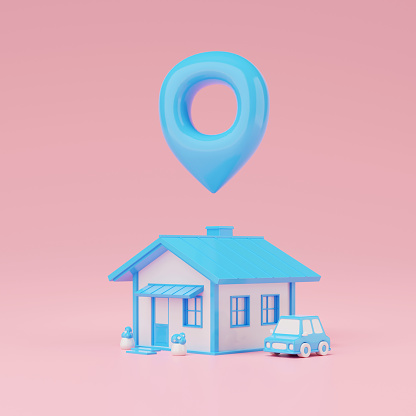 House and 3d location pin icon, Property or real estate investment concept. 3d rendering.