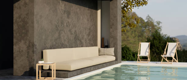 istock Modern loft contemporary pool villa resting area exterior with comfortable beige couch 1428945268