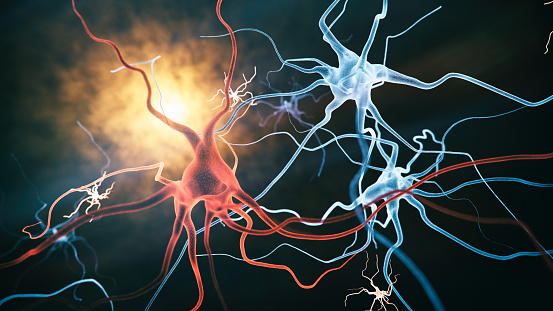 Neurons and Microglia - 3d rendered image of Neuron cell network on black background. Microglial cells are the most prominent immune cells of the central nervous system (CNS). Hologram view  interconnected neurons cells with electrical pulses. Conceptual medical image.  Glowing synapse.  Healthcare concept.