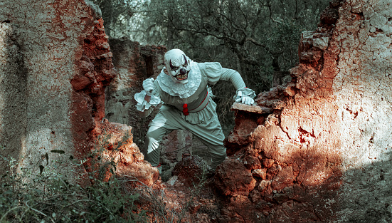 closeup or a creepy evil clown, wearing a gray costume with ruffles, neck ruff, and red pom-poms, while is sneaking in the ruins of an abandoned house in the forest holding a rusty cleaver in his hand