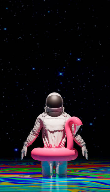 istock Astronaut with inflatable flamingo on foreign planet vertical composition 3d render 1428951822