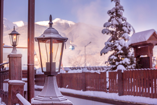 Snow lantern, winter landscape after snowfall, cable car in Bansko, Bulgaria