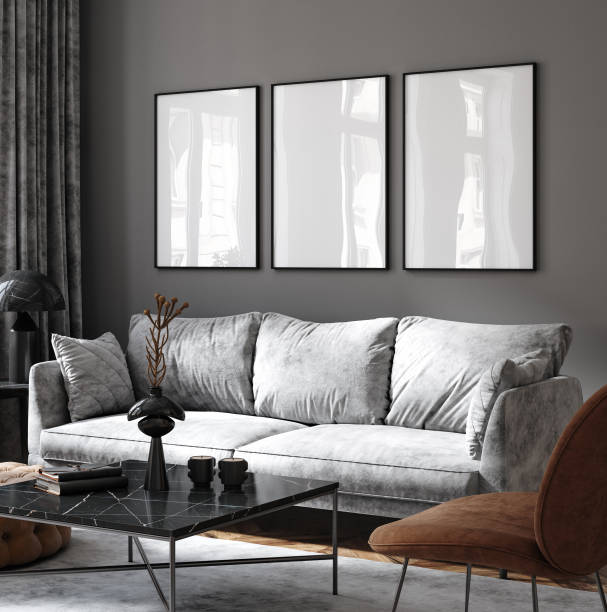 istock Mockup poster frame in modern interior, grey room with brown decoration 1428955313