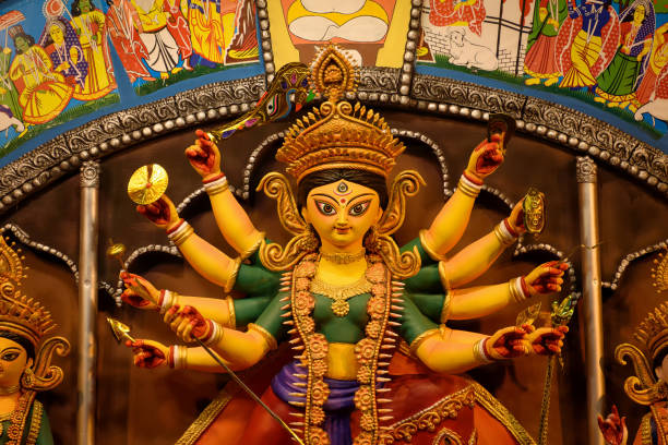 istock Goddess Durga devi idol decorated at puja pandal in Kolkata, West Bengal, India. Durga Puja is biggest religious festival of Hinduism and is now celebrated worldwide. 1428956517