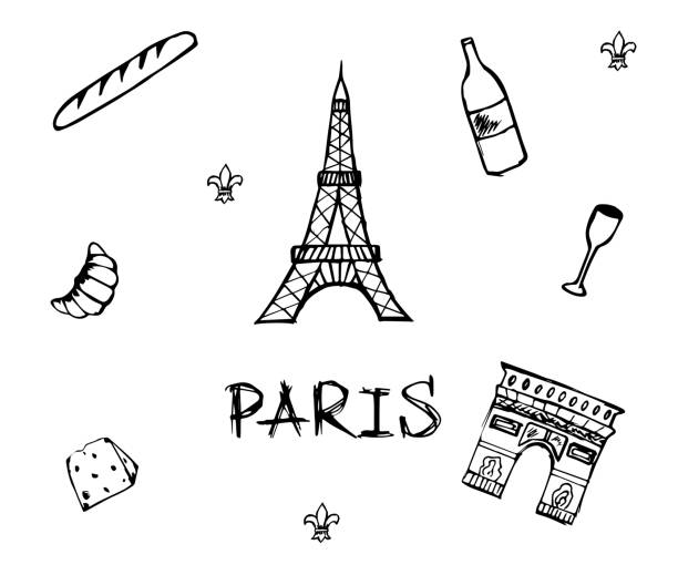 czarno-biała ilustracja doodle z symbolami paryża - paris france monument pattern city stock illustrations