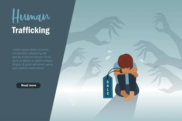 Vector illustration of Human Trafficking, and violence against child concept. Abused kid crying loneliness with sale tag label on hand among evil hands around.