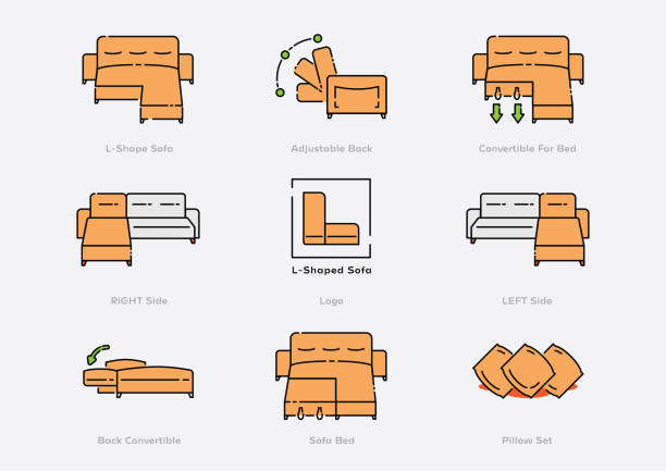 L shape smart sofa icon set L shape smart sofa icon set with smart function convertible for bed vector illustration design in flat design. sofa bed stock illustrations