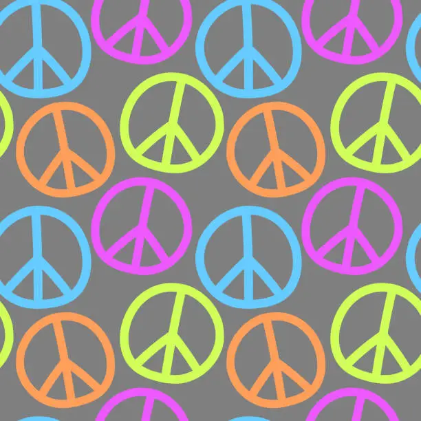 Vector illustration of Vector seamless pattern with international symbol of pacifism, disarmament, world peace in simple doodle flat style. Bright background, texture
