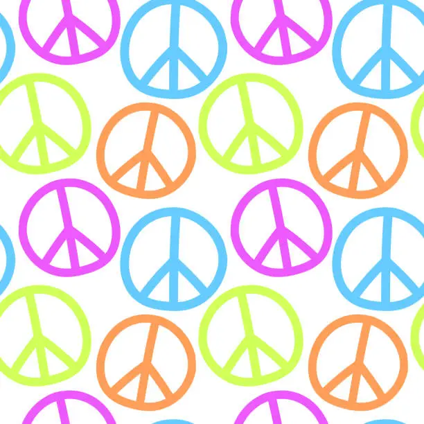 Vector illustration of Vector seamless pattern with international symbol of pacifism, disarmament, world peace in simple doodle flat style. Bright background, texture