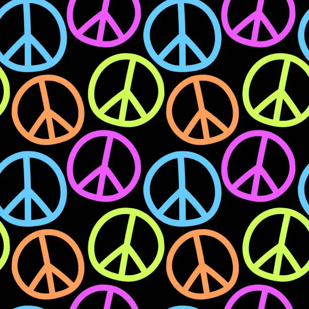 Vector illustration of Vector seamless pattern with international symbol of pacifism, disarmament, world peace in simple doodle flat style. Bright background, texture