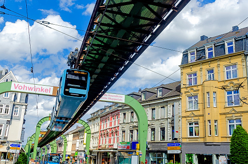 Main street of Vohwinkel a urban subdivision of Wuppertal with the famous Wuppertaler Schwebebahn in North Rhine-Westphalia in Germany