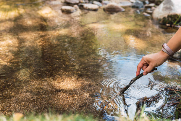 istock Hand of unrecognizable woman playing or introducing a small tree branch into the clear water of the river to see its clarity and purity. 1428963048