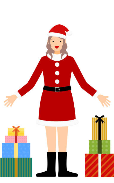 Woman in Santa Claus spreading a pile of presents Woman in Santa Claus spreading a pile of presents mrs claus stock illustrations