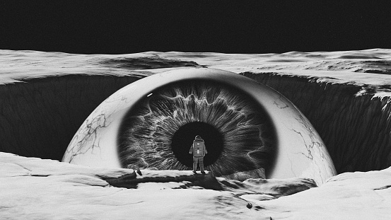 Black an White Moonscape with Giant Eyeball Astronaut Spaceman Spacewoman Interstellar Sci Fi Film Grain 3d illustration render