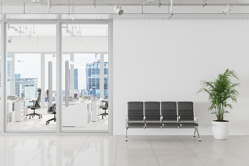 Modern Open Plan Office Interior With Waiting Room And Cityscape Background