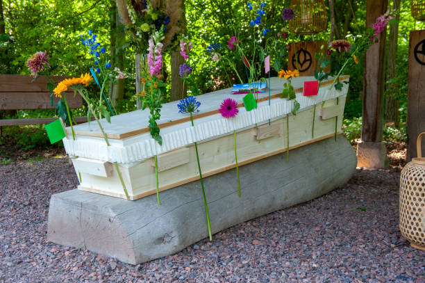 Coffin outside morque A coffin where you can attach flowers and cards on the outside. coffin crematorium stock pictures, royalty-free photos & images