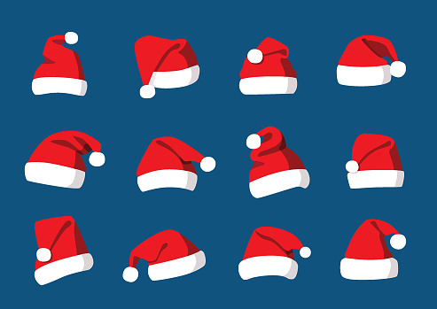 Merry christmas and happy new year concept for template, christmas promotion banner, Hat santa christmas icons winter set christmas decorations in flat and design isolated on blue background illustration vector