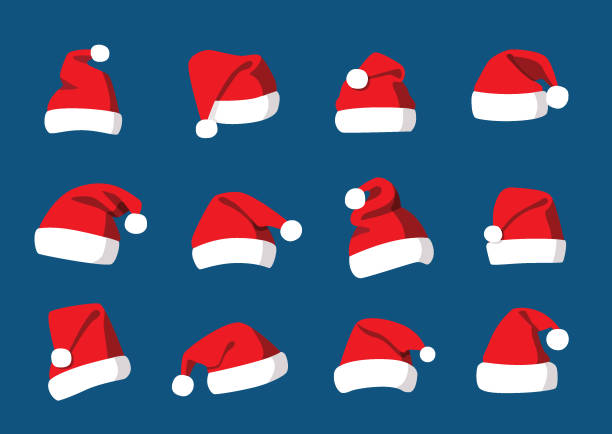 Hat santa christmas set decorations and design isolated on blue background illustration vector Merry christmas and happy new year concept for template, christmas promotion banner, Hat santa christmas icons winter set christmas decorations in flat and design isolated on blue background illustration vector pinaceae stock illustrations