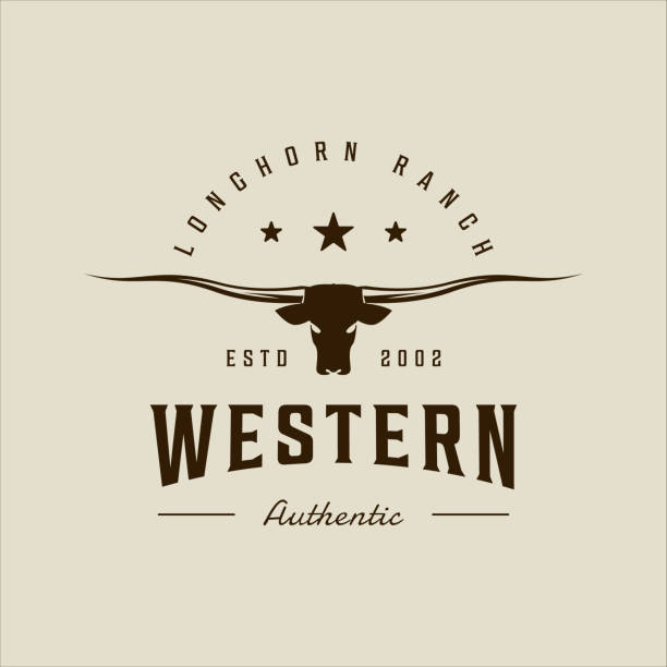 longhorn texas logo vektor vintage illustration vorlage symbol grafikdesign. kopf der kuh oder büffel zeichen oder symbol für tierwelt oder ranch-geschäft mit retro-typografie stil - texas longhorn cattle stock-grafiken, -clipart, -cartoons und -symbole